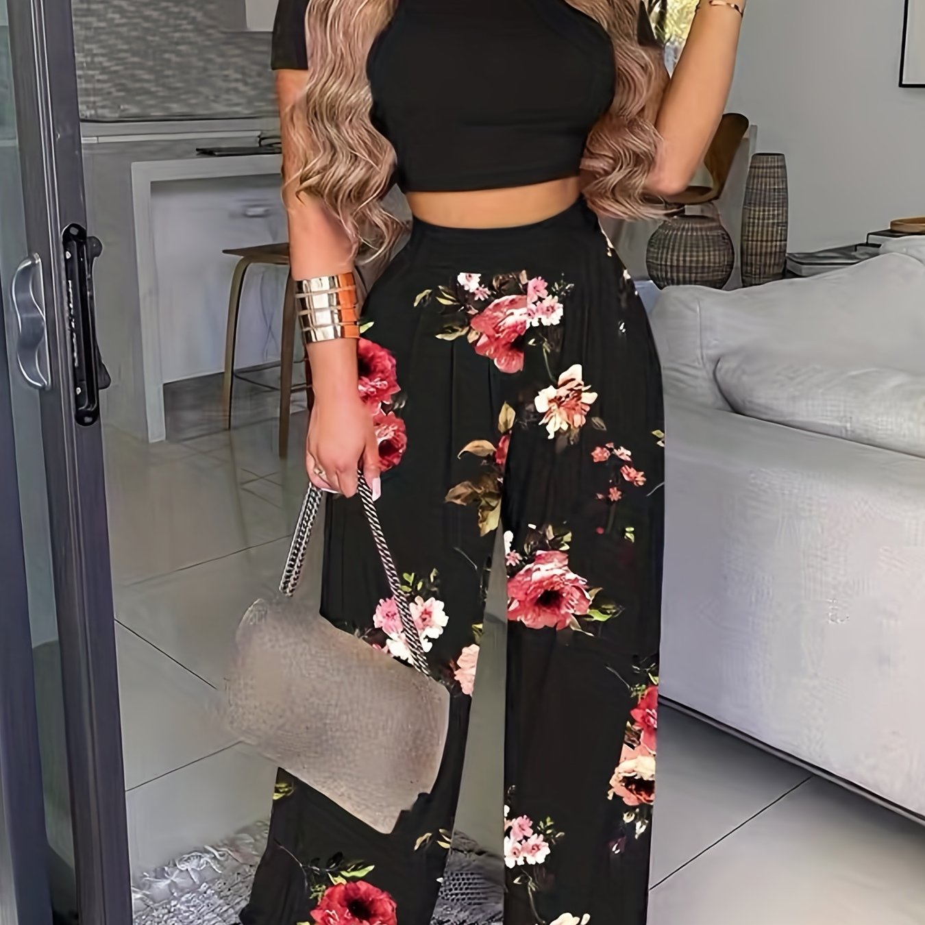 2025 gbolsos  Boho Summer Two Pieces Set, Cropped Solid Short Sleeve T-shirt & High Waist Floral Print Wide Leg Pants Outfits, Women's Clothing