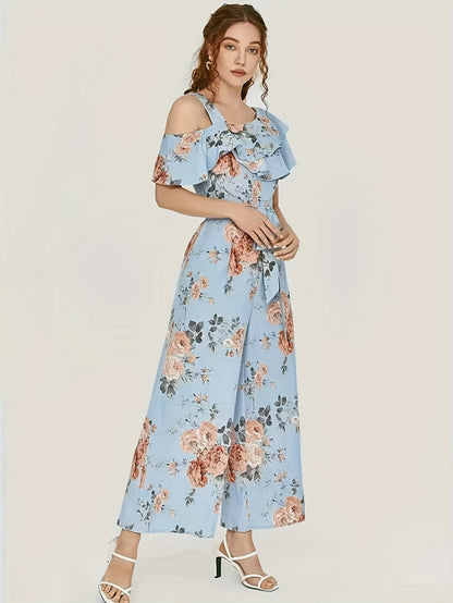 elveswallet  Floral Print Wide Leg Jumpsuit, Boho Ruffle Layered Hem Jumpsuit For Spring & Summer, Women's Clothing