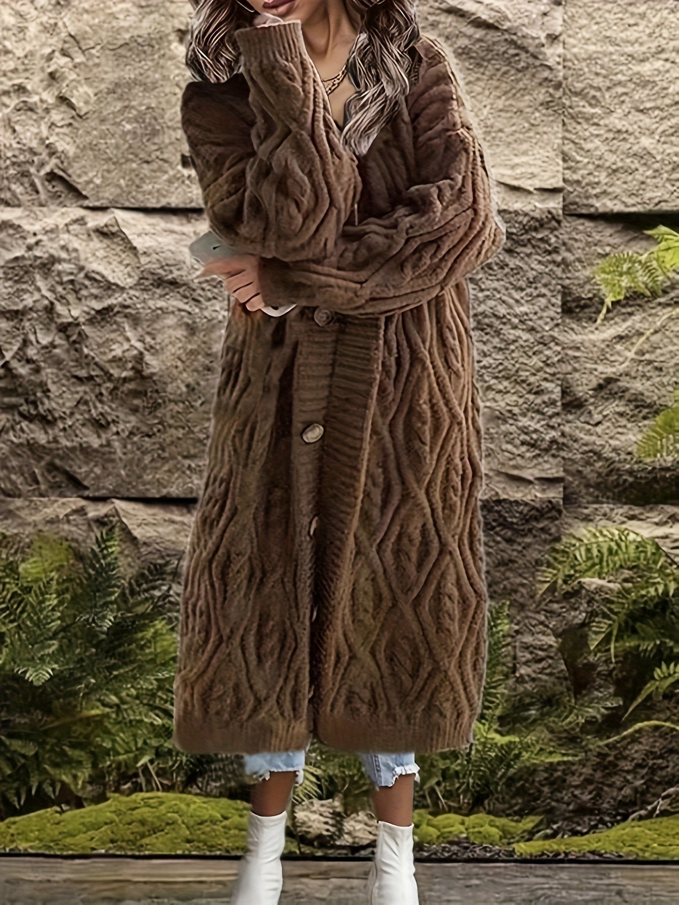 gbolsos Plus Size Casual Cardigan, Women's Plus Solid Cable Button Up Long Sleeve Open Front Long Cardigan