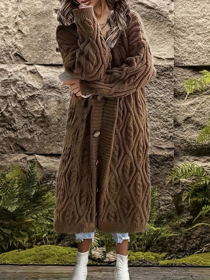 gbolsos Plus Size Casual Cardigan, Women's Plus Solid Cable Button Up Long Sleeve Open Front Long Cardigan