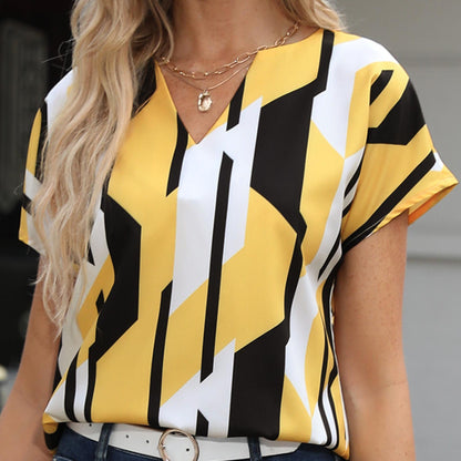 gbolsos Color Block Graphic Print Blouse, Casual Notched Neck Short Sleeve Blouse, Women's Clothing