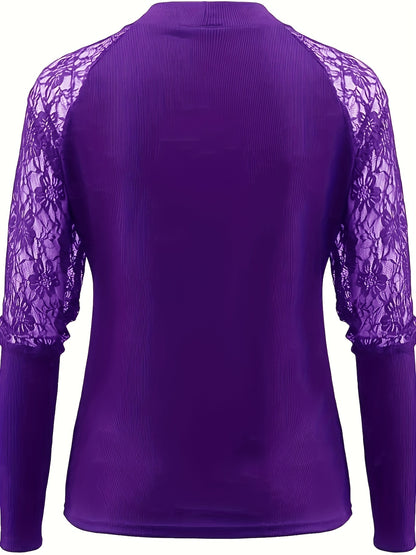 gbolsos  Lace Stitching Solid T-shirt, Sexy Criss Cross Long Sleeve Crew Neck T-shirt, Women's Clothing