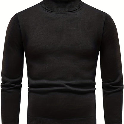 gbolsos  Turtle Neck Knitted Sweater, Men's Casual Warm Solid Color Mid Stretch Pullover Sweater For Fall Winter