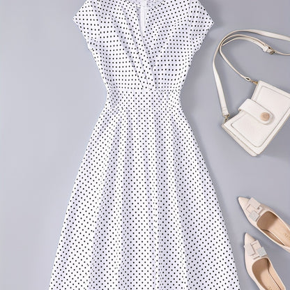 gbolsos  Polka Dot Keyhole Dress, Casual Crew Neck Cap Sleeve Slim Waist Dress, Women's Clothing