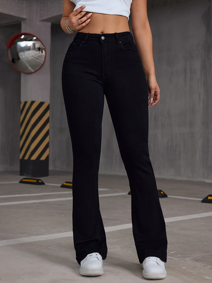 gbolsos  Plus Size Casual Jeans, Women's Plus Solid Button Fly Medium Stretch Flared Leg Jeans
