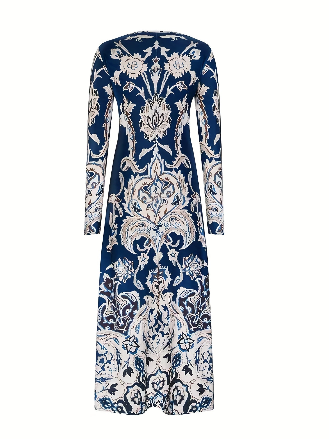 Plus Size Boho Dress, Women's Plus Floral Print Long Sleeve Round Neck High Stretch Maxi Dress