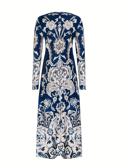 Plus Size Boho Dress, Women's Plus Floral Print Long Sleeve Round Neck High Stretch Maxi Dress