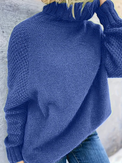gbolsos  Solid Turtle Neck Loose Pullover Sweater, Casual Long Sleeve Raglan Shoulder Sweater, Women's Clothing