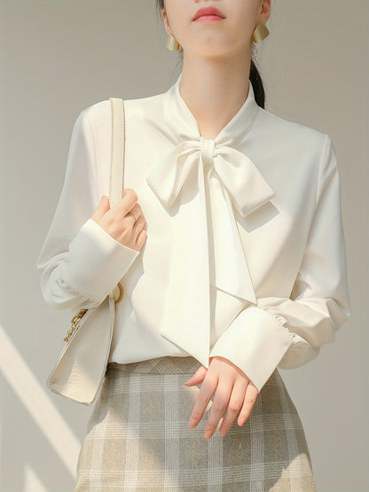 Tie Neck Solid Blouse, Casual Long Sleeve Work Office Blouse, Women's Clothing