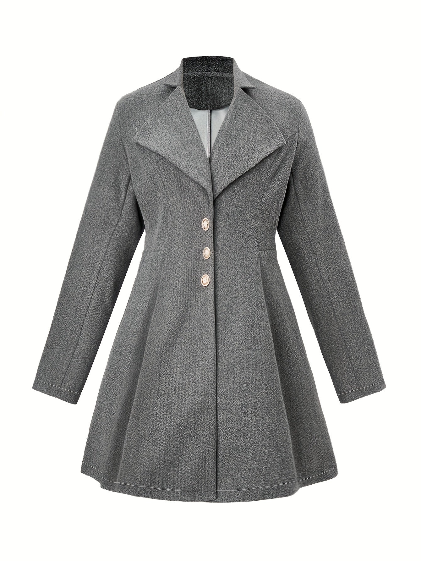 Plus Size Casual Coat, Women's Plus Solid Long Sleeve Button Up Lapel Collar Nipped Waist Tunic Woolen Coat
