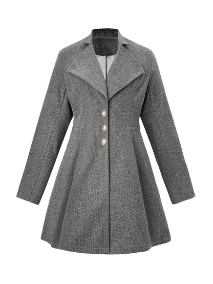 Plus Size Casual Coat, Women's Plus Solid Long Sleeve Button Up Lapel Collar Nipped Waist Tunic Woolen Coat