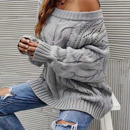 gbolsos  Off Shoulder Cable Knit Sweater, Casual Long Sleeve Sweater For Fall & Winter, Women's Clothing