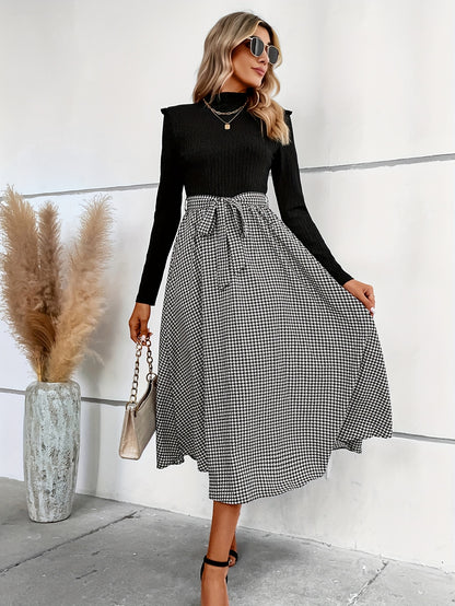 gbolsos  Houndstooth Print Splicing Dress, Elegant Mock Neck Long Sleeve Dress, Women's Clothing
