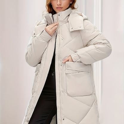Button Front Warm Hooded Coat, Casual Long Length Winter Outerwear, Women's Clothing
