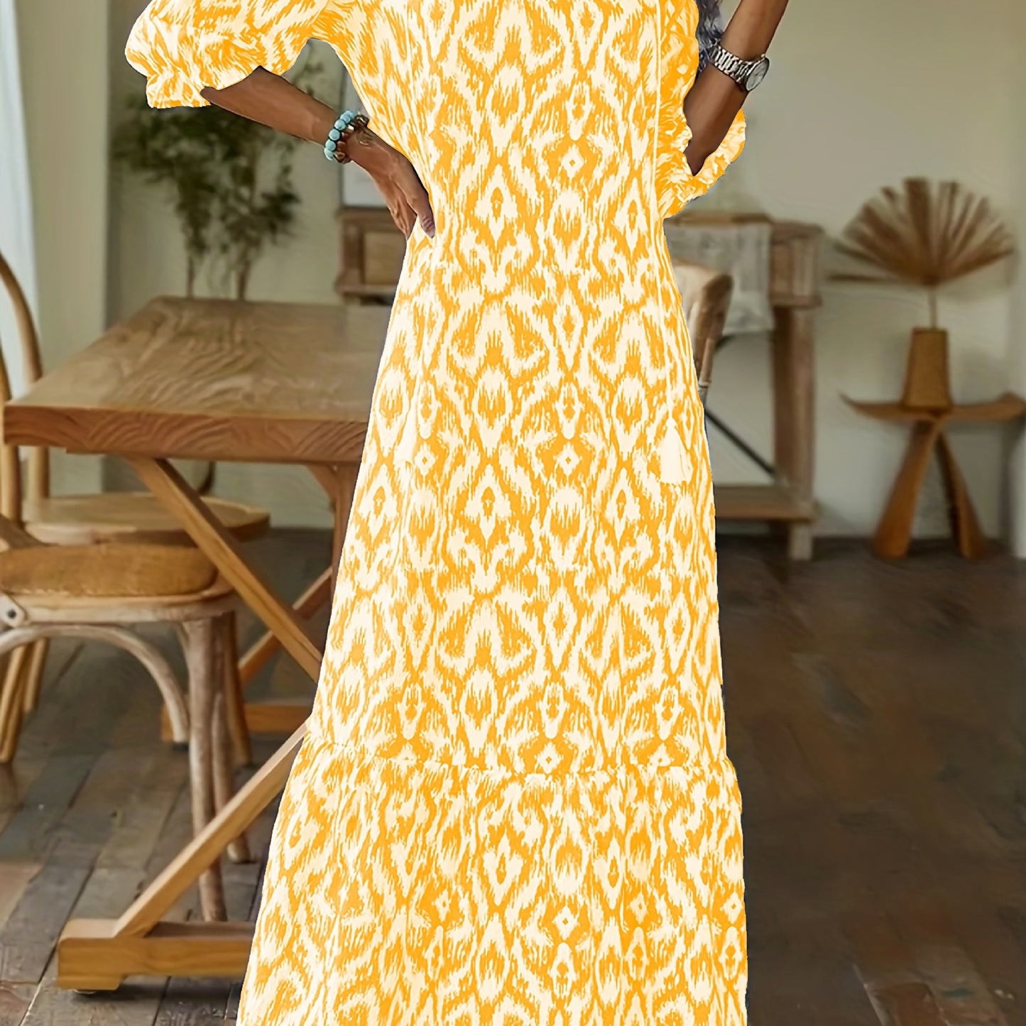 Allover Print Tassel V-Neck Dress, Boho Half Sleeve Dress, Women's Clothing