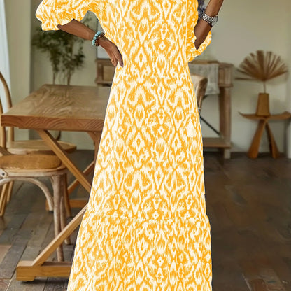 Allover Print Tassel V-Neck Dress, Boho Half Sleeve Dress, Women's Clothing