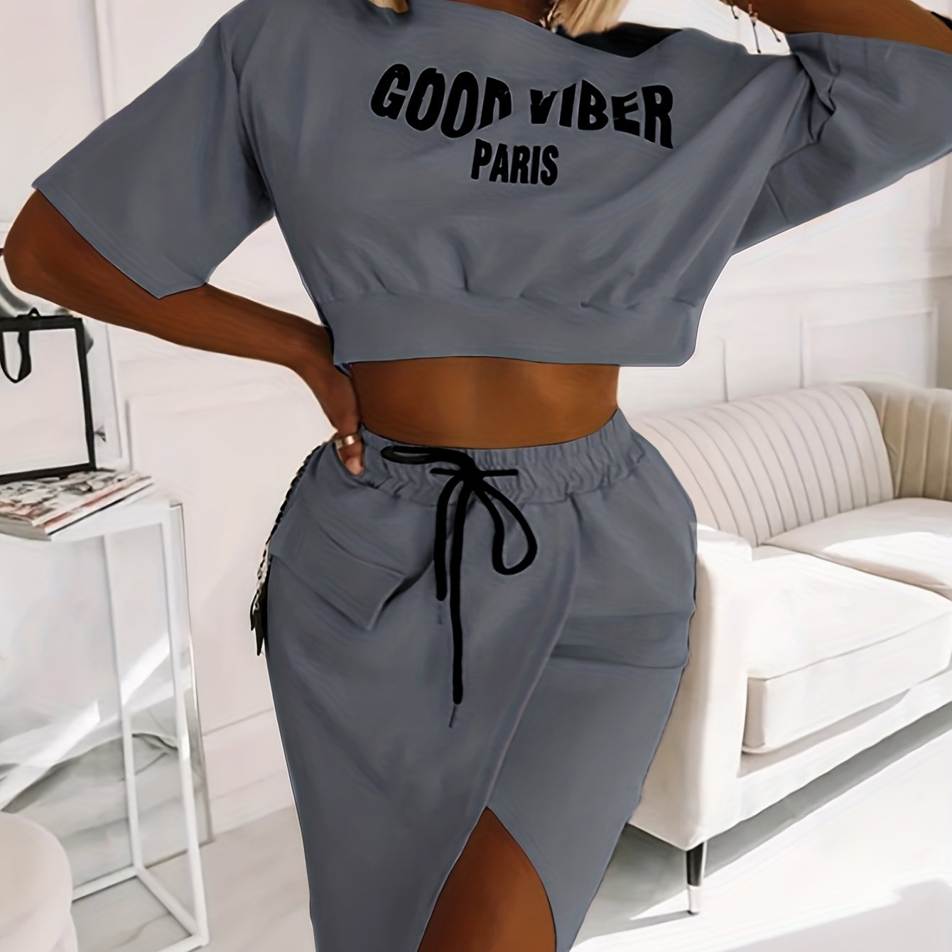 2025 elveswallet  Plus Size Casual Outfits Two Piece Set, Women's Plus Letter Print One Shoulder Short Sleeve Top & Drawstring Split Hem Knee Length Skirt Outfits 2 Piece Set