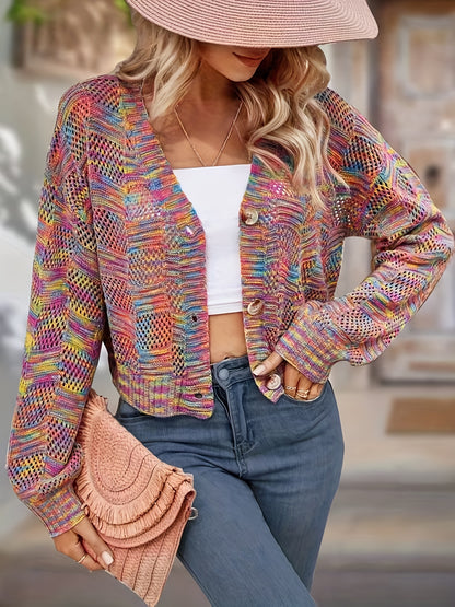 Tie Dye Button Front Knit Cardigan, Casual V Neck Long Sleeve Sweater, Women's Clothing