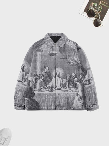 gbolsos The Last Supper Print Retro Vintage Jacket, Men's Casual Zip Up Jacket Coat College Hipster Windbreaker For Spring Fall