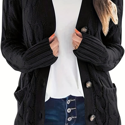 Cable Knit Button Front Cardigan, Casual Solid Long Sleeve Cardigan For Fall & Winter, Women's Clothing