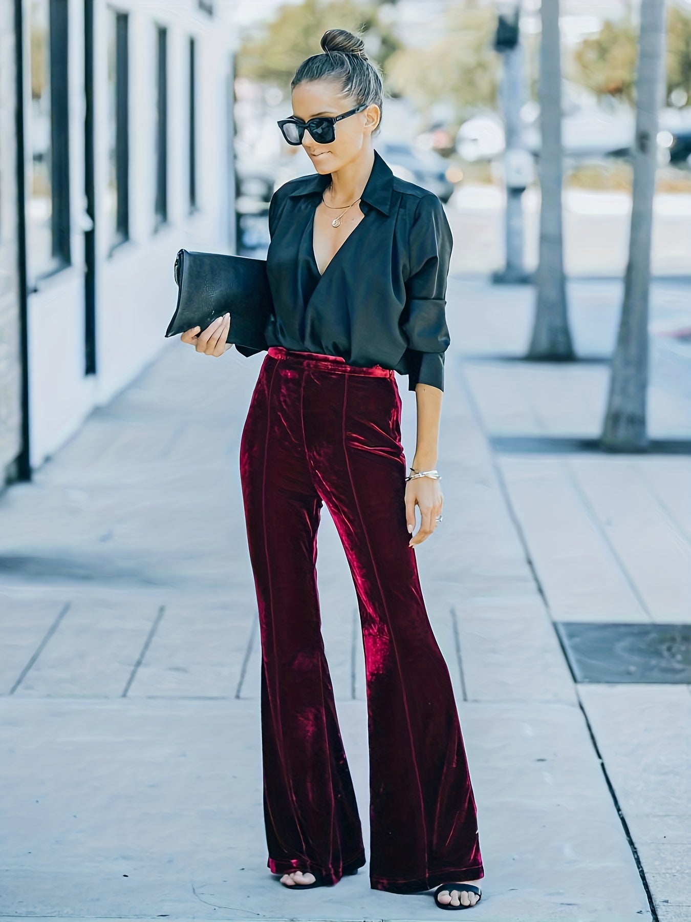 High Waist Flare Leg Pants, Casual Loose Pants For Spring & Fall, Women's Clothing
