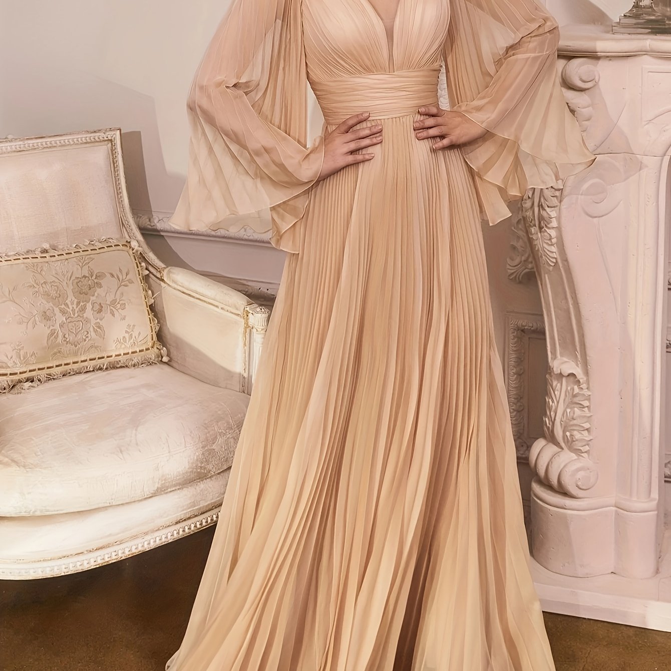 gbolsos  Plus Size Solid Pleated Bridesmaid Dress, Elegant V-neck Flare Sleeve Maxi Dress For Wedding Party, Women's Plus Size Clothing