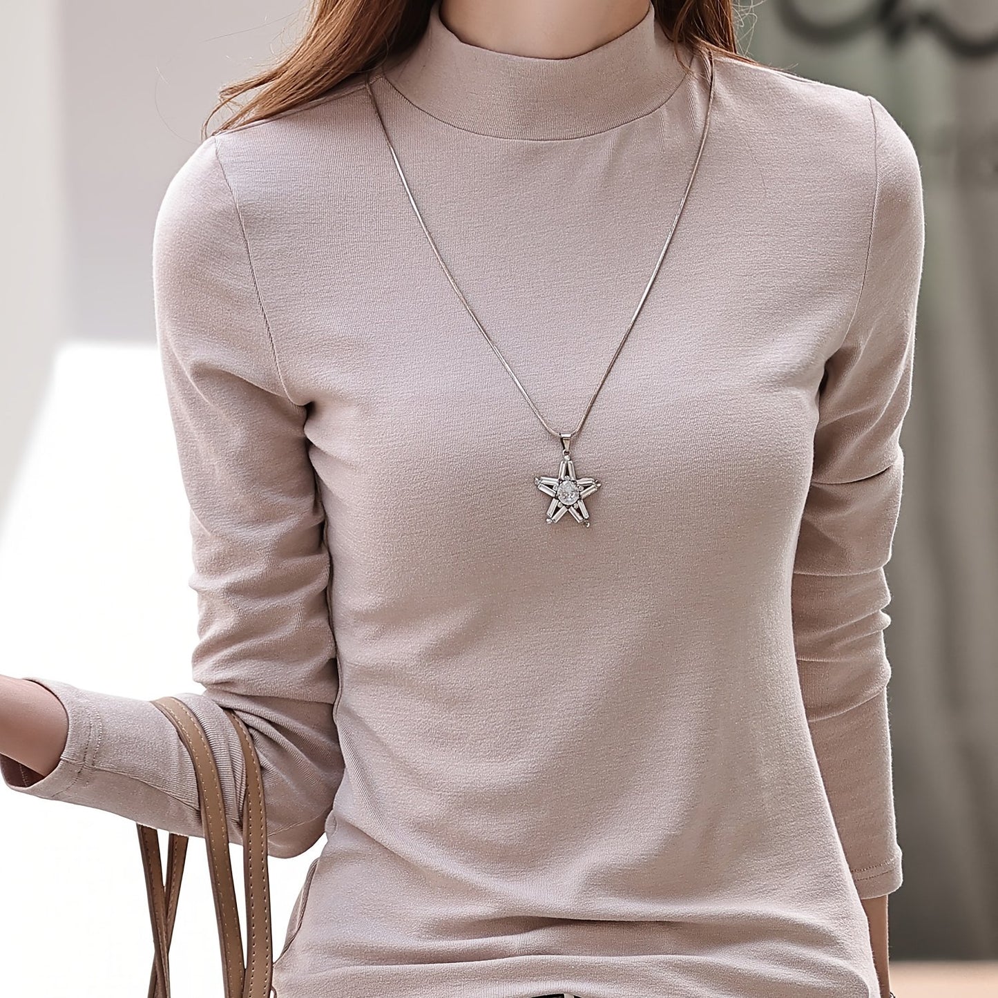 gbolsos Solid Color Mock Neck T-Shirt, Casual Long Sleeve Slim T-Shirt For Spring & Fall, Women's Clothing