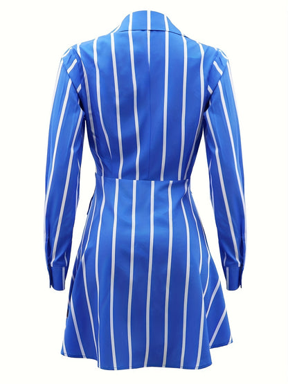 Striped Print Layered Dress, Casual Button Front Long Sleeve Dress, Women's Clothing