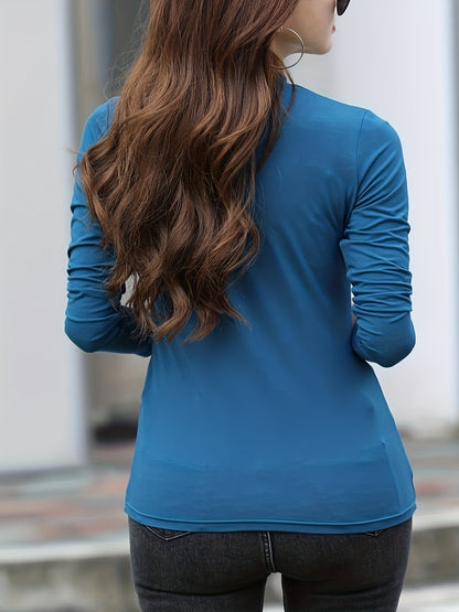 gbolsos Solid Color Mock Neck T-Shirt, Casual Long Sleeve Slim T-Shirt For Spring & Fall, Women's Clothing