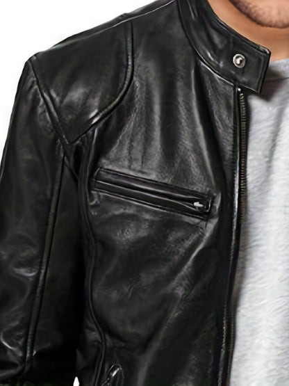 gbolsos  Chic PU Jacket, Men's Casual Solid Color Zip Up Stand Collar Faux Leather Jacket For Spring Fall