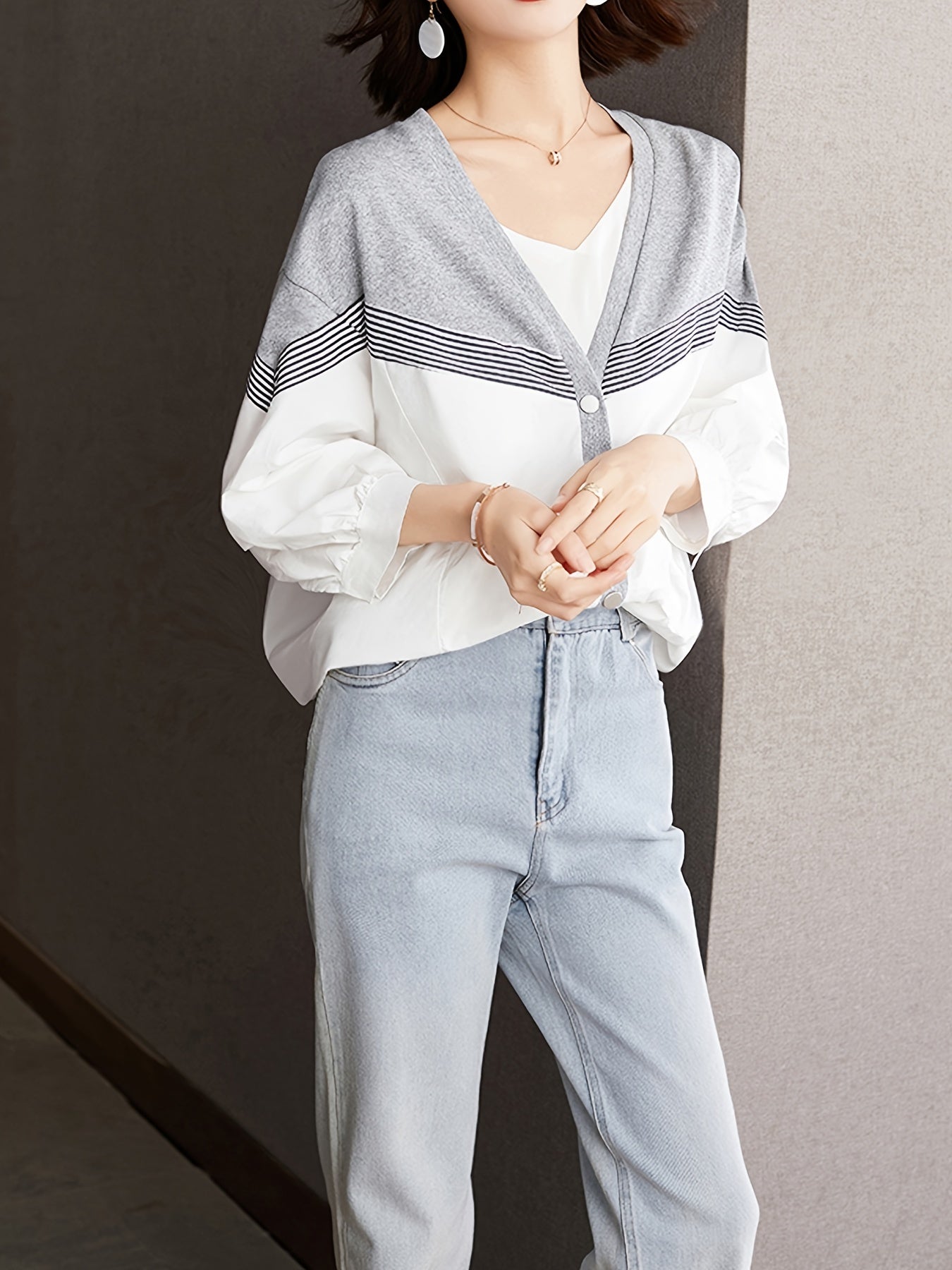 gbolsos  Striped Stitching Blouse, V Neck Long Sleeve Blouse, Elegant & Stylish Tops For Office & Work, Women's Clothing