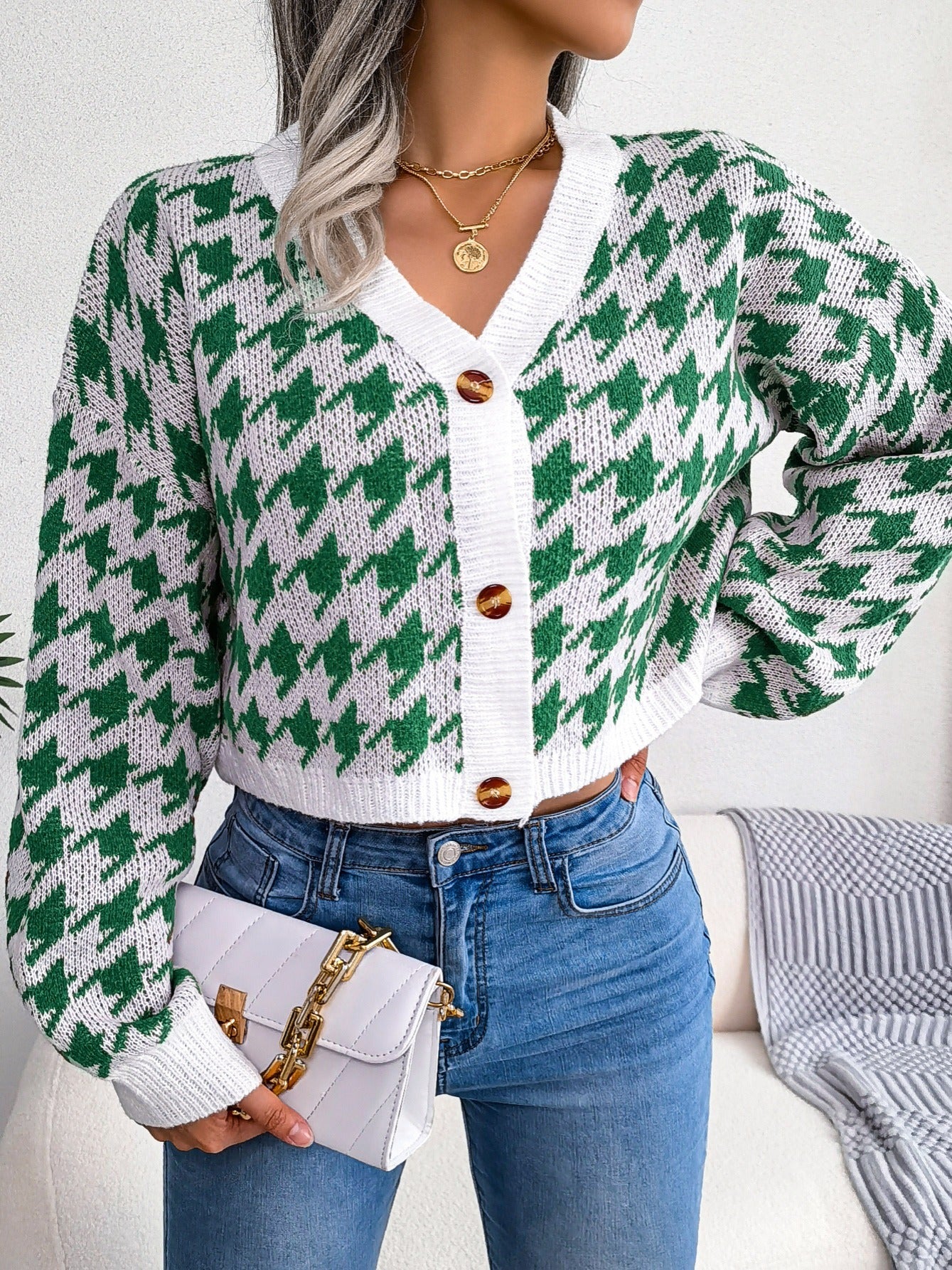 2025 gbolsos  Houndstooth Button Up Cardigan, Long Sleeve V Neck Casual Sweater, Women's Clothing