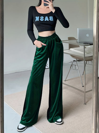 Velvet High Waist Pants, Casual Elastic Wide Leg Draped Pants With Pockets, Women's Clothing