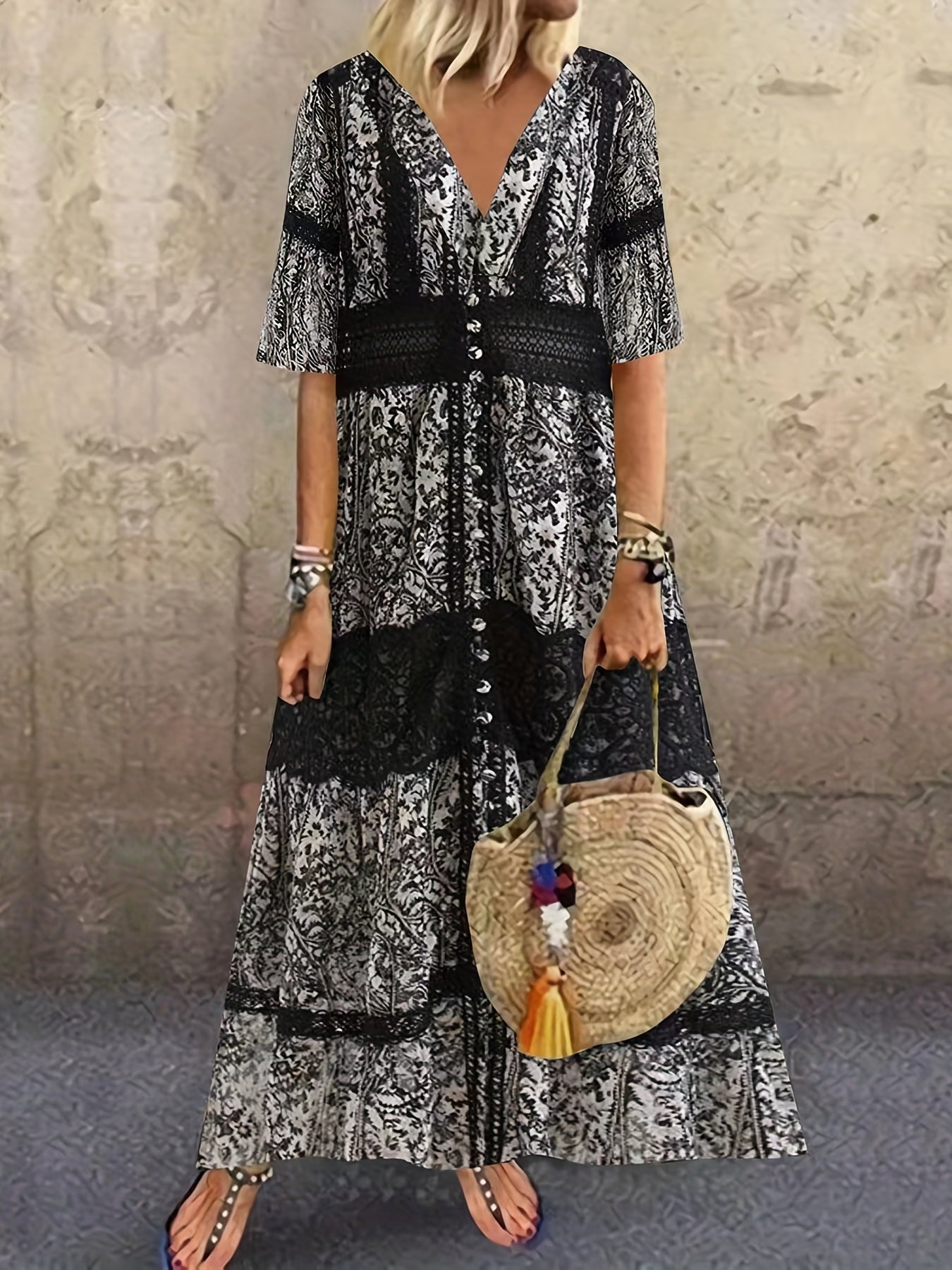 gbolsos  Plus Size Casual Dress, Women's Plus Colorblock Paisley Print Short Sleeve V Neck Medium Stretch Maxi Dress