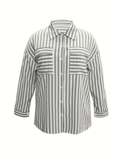 solvbao  Plus Size Casual Blouse, Women's Plus Stripe Print Long Sleeve Button Up  Blouse With Flap Pockets