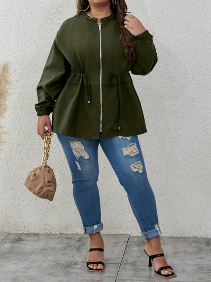 Plus Size Casual Coat, Women's Plus Solid Lettuce Trim Long Sleeve Drawstring Zipper Coat