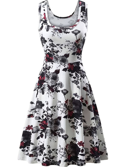 gbolsos  Floral Print Squared Neck Sleeveless Dress, Sexy High Waist Ruffled Hem Beach Dress, Women's Clothing