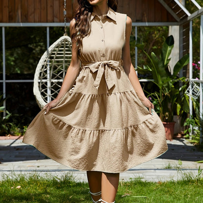 gbolsos  Shirt Collar Belted Tiered Dress, Sleeveless Summer Vacation Casual Dress, Women's Clothing