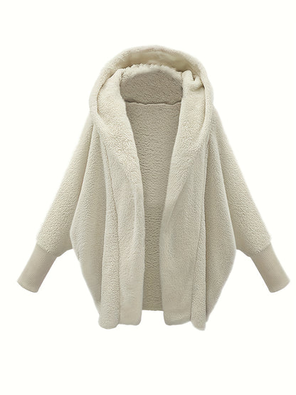 Plus Size Casual Winter Coat, Women's Plus Solid Teddy Fleece Batwing Sleeve Open Front Hooded Loose Fit Coat