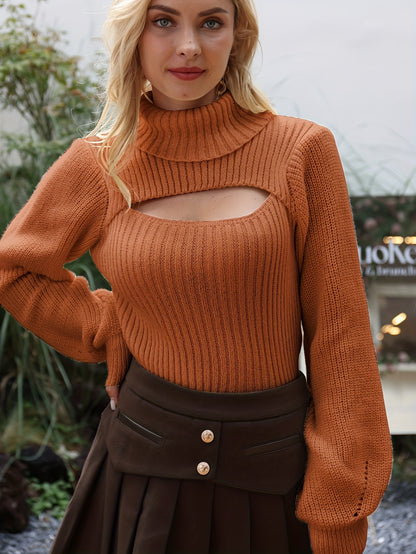 gbolsos  Sexy High Neck Sweater, Long Sleeve Sexy Cut Out Casual Sweater For Spring & Fall, Women's Clothing