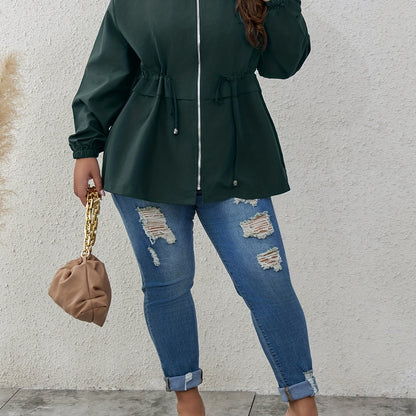 Plus Size Casual Coat, Women's Plus Solid Lettuce Trim Long Sleeve Drawstring Zipper Coat
