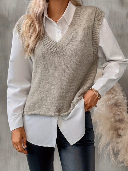 gbolsos Solid Color V Neck Pullover Sweater, Sleeveless Knitted Tank Top For Spring & Fall, Women's Clothing