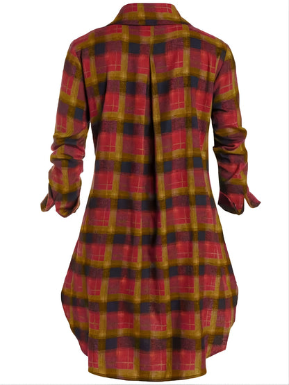 gbolsos  Plus Size Zip Up Plaid Pattern Long Sleeve Longline Shirt, Women's Plus Lapel Collar Casual Longline Blouse