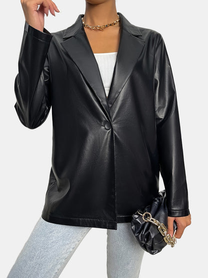 gbolsos  Solid Lapel Faux Leather Long Sleeve Jacket, Elegant Open Front Stylish Outerwear, Women's Clothing