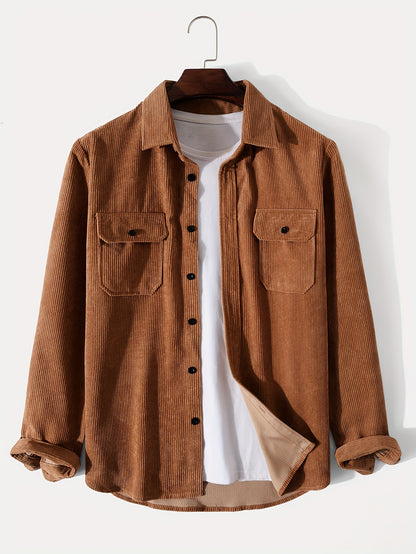 gbolsos  Men's Retro Corduroy Shirt Top Turn-Down Collar Long Sleeve Closure Regular Fit Solid Male Casual Shirt For Daily