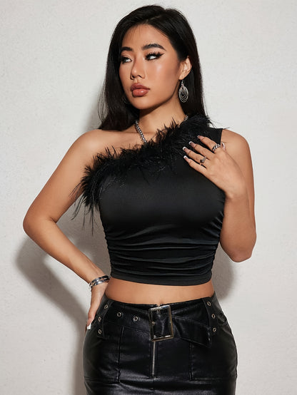 gbolsos  Solid Color Single Shoulder T-shirt, Elegant Contrast Trim Sleeveless Crop T-Shirt For Every Day, Women's Clothing
