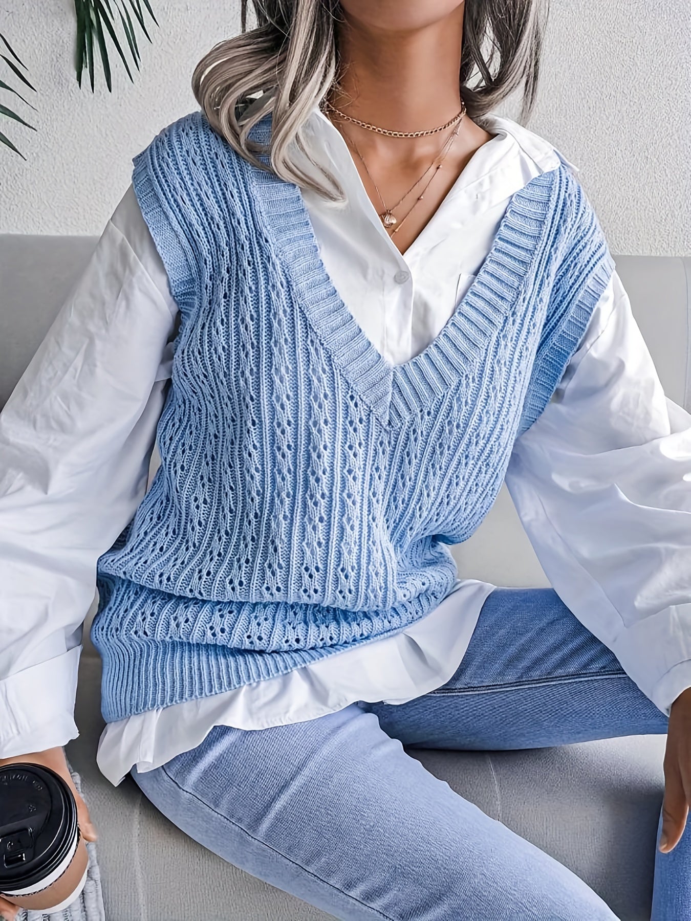 gbolsos   Plus Size Casual Sweater Vest, Women's Plus Solid V Neck High Stretch Knitted Sweater Vest