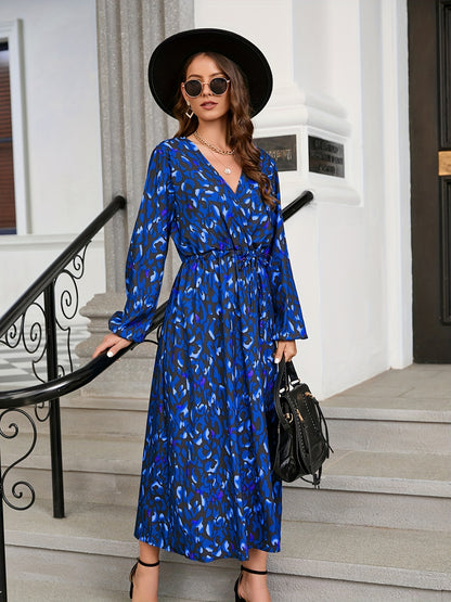 gbolsos  Long Sleeve V Neck Dress, Side Slit Casual Dress For Spring & Fall, Women's Clothing