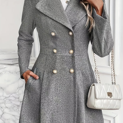 Solid Color Double Breasted Trench Coat, Casual Lapel Neck Long Sleeve Side Pockets Coat, Women's Clothing