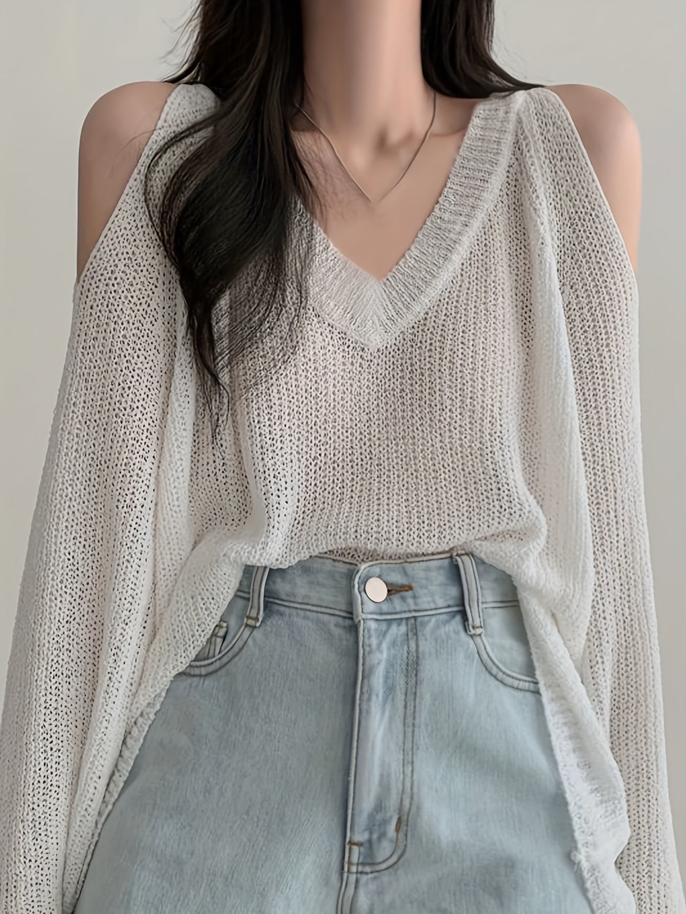 gbolsos Solid V Neck Thin Pullover Sweater, Casual Cold Shoulder Long Sleeve Loose Sweater, Women's Clothing